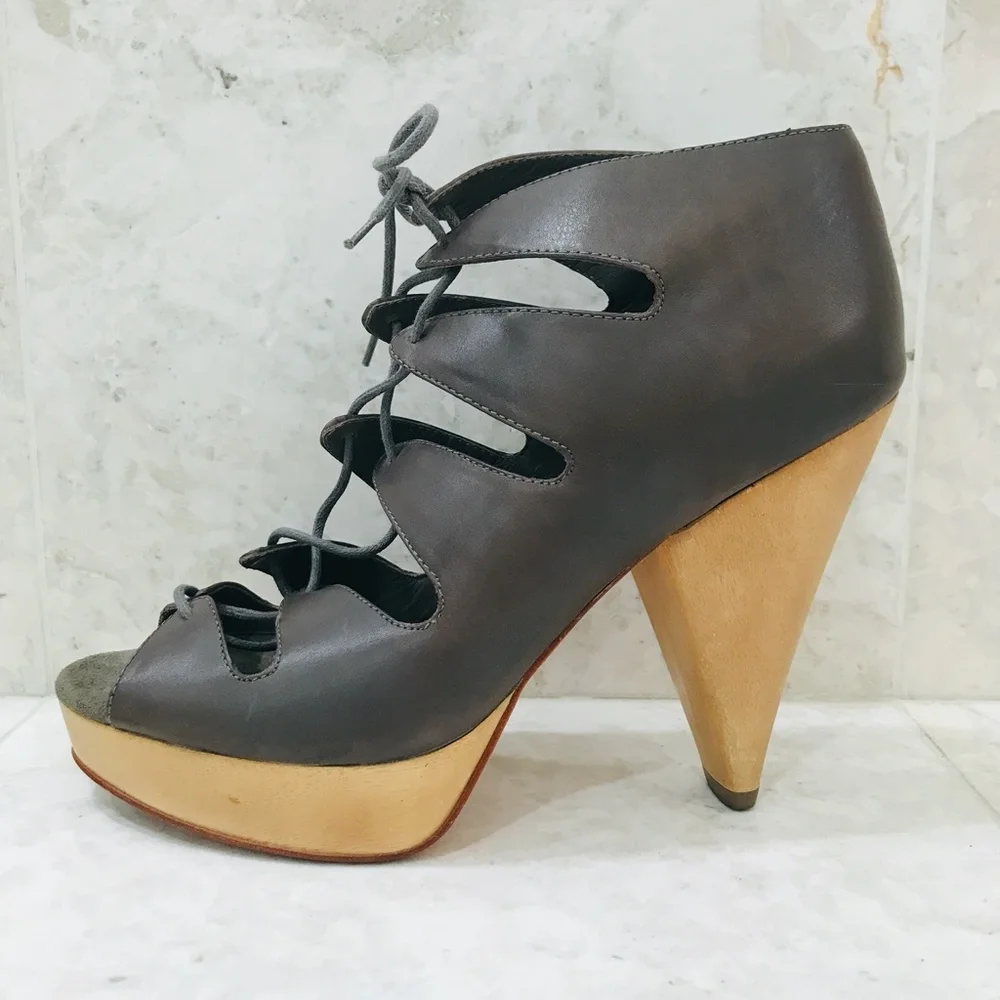 LOEFFLER RANDALL {10} Pumps Lace-Up Gray Leather Wood Heel Platform - Picture 3 of 10